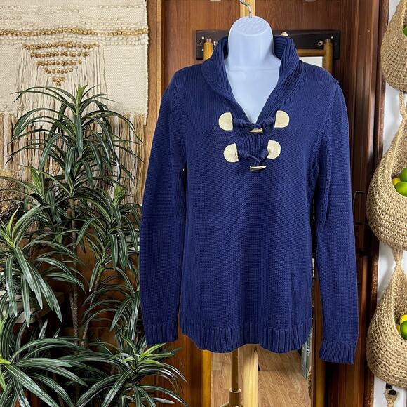 Lilly Pulitzer Navy Cotton Fisherman Sweater L Silver Toggle Shawl Collar Preppy - Picture 1 of 10
